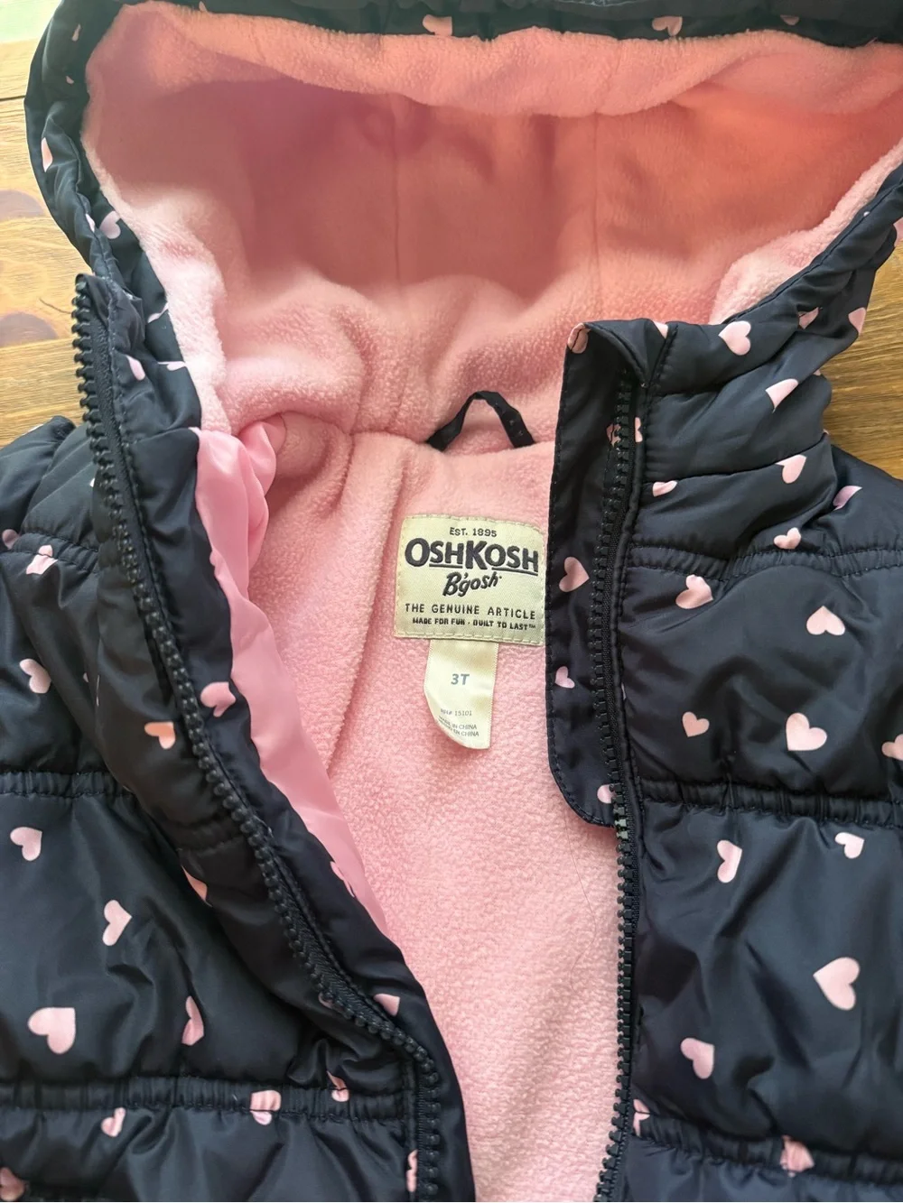 OshKosh B'gosh Black Puffer Jacket with Pink Heart Print